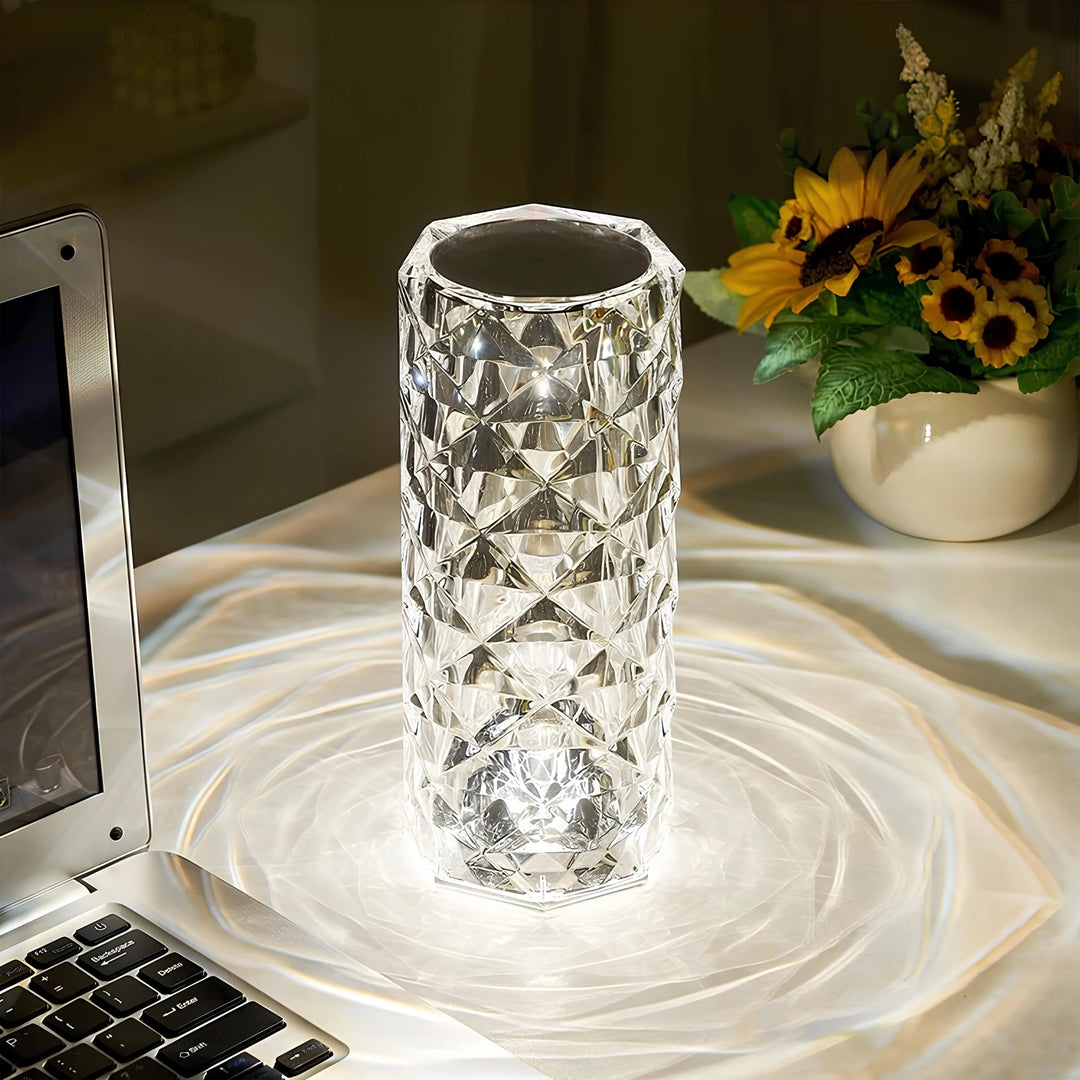 Crystal Table Lamp Faceted Acrylic | Cordless Rechargeable, Touch Control | LED Colour-Changing Ripple Light, Remote Included