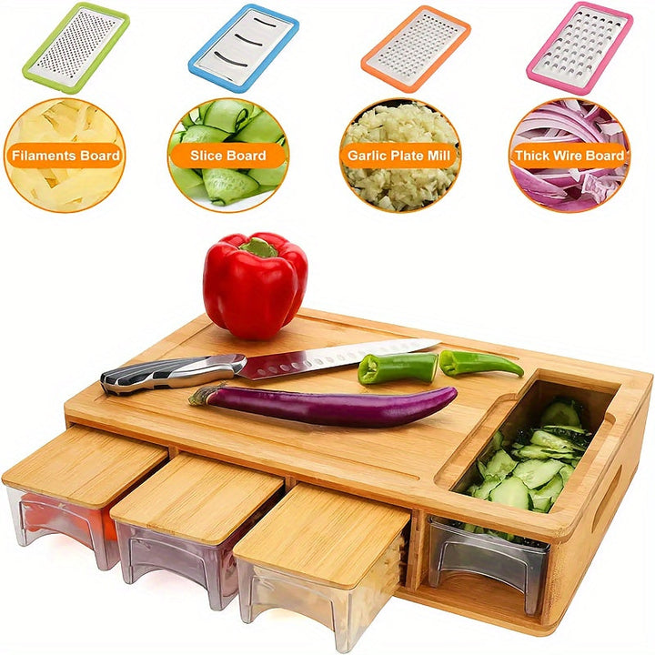 Cutting Board With Storage | Four Trays, Grater Set