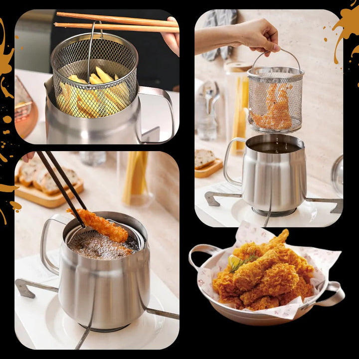 Deep Frying Pot Stainless Steel | Built-In Oil Strainer | Heat-Resistant Handle for Safe, Dishwasher-Safe Frying