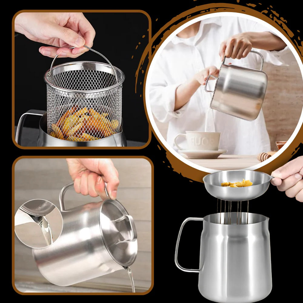 Deep Frying Pot Stainless Steel | Built-In Oil Strainer | Heat-Resistant Handle for Safe, Dishwasher-Safe Frying