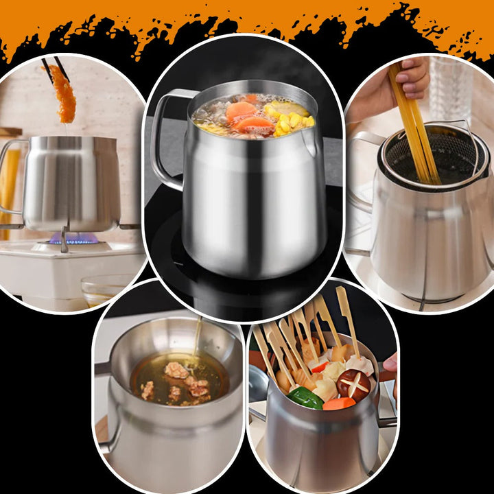 Deep Frying Pot Stainless Steel | Built-In Oil Strainer | Heat-Resistant Handle for Safe, Dishwasher-Safe Frying