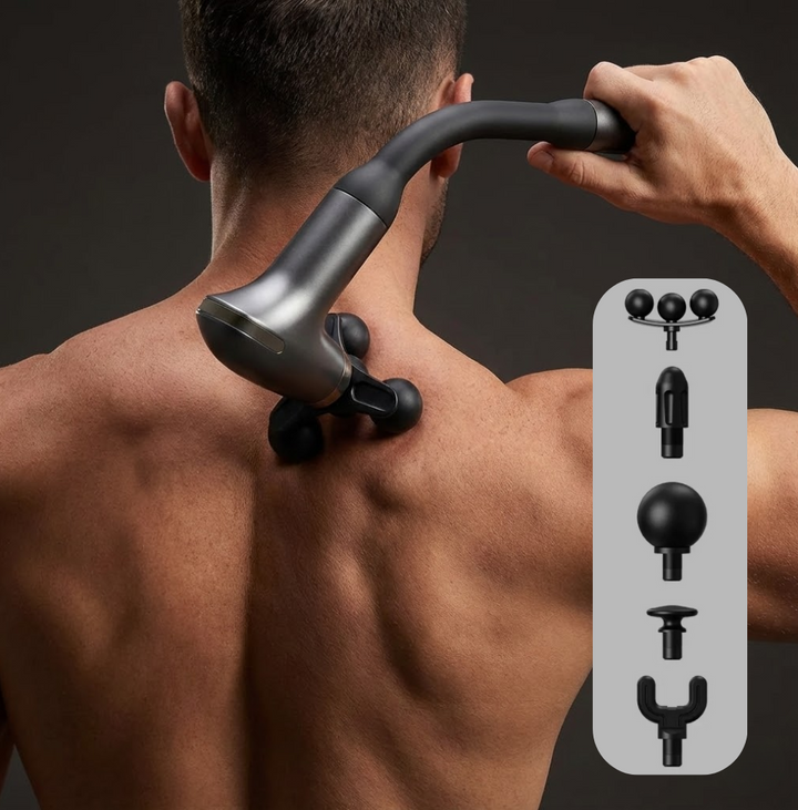Deep Tissue Neck &amp; Shoulder Massager | Curved Long-Reach Percussion Gun with Five Massage Heads