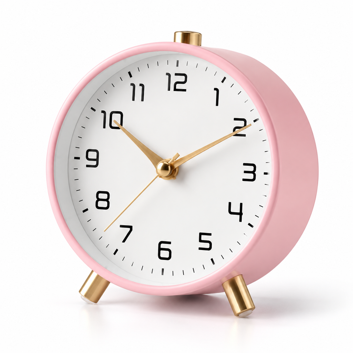 Desk Clock Round Metal Small | Peg Feet, White Face Black Numerals | Silent Sweep Movement, No Ticking for Home &amp; Office