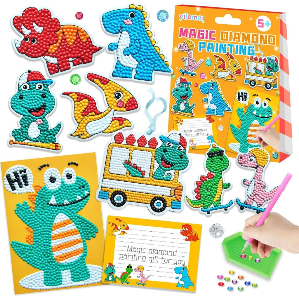 Diamond Painting Kit for Kids | Unicorn and Dino Designs | Complete Craft Set with Canvas, Applicator Tool and Tray
