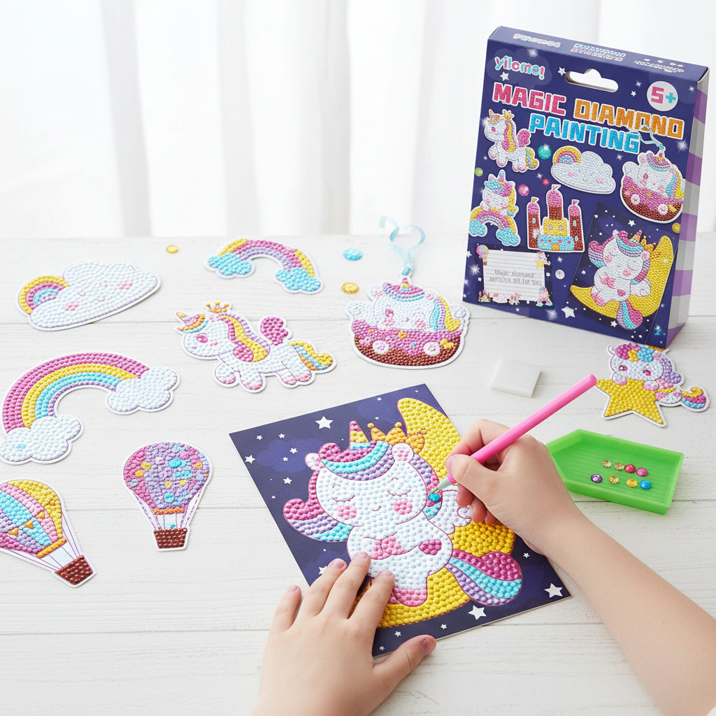 Diamond Painting Kit for Kids | Unicorn and Dino Designs | Complete Craft Set with Canvas, Applicator Tool and Tray