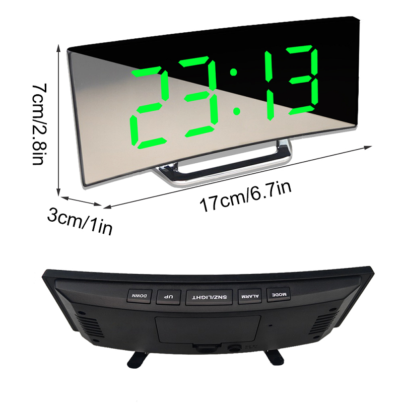 Digital Alarm Clock LED Curved Mirror Display with Gradual Volume Increase