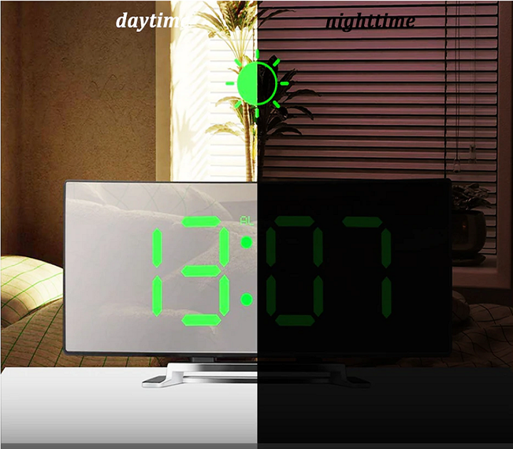 Digital Alarm Clock LED Curved Mirror Display with Gradual Volume Increase