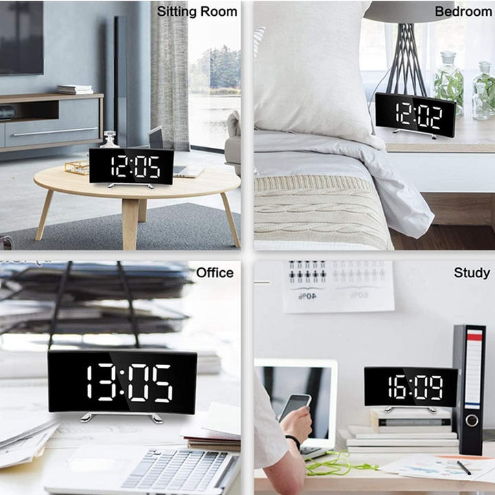 Digital Alarm Clock LED Curved Mirror Display with Gradual Volume Increase