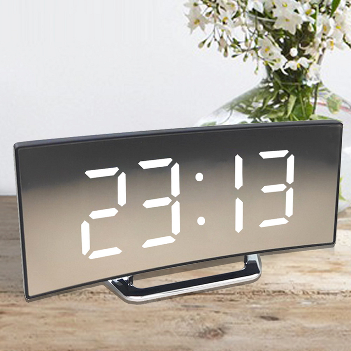 Digital Alarm Clock LED Curved Mirror Display with Gradual Volume Increase