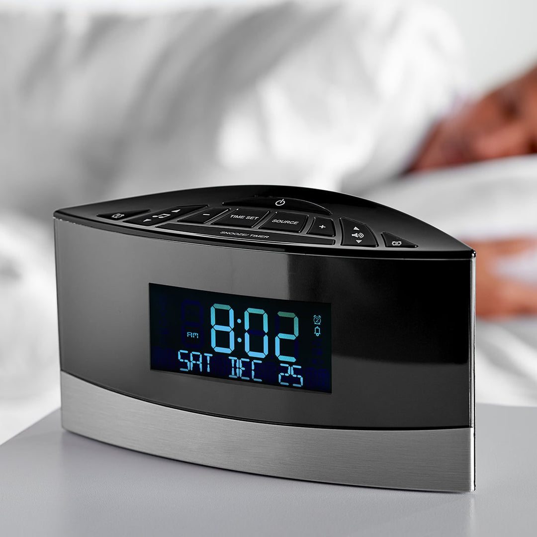 Digital Alarm Clock Radio with Sound Machine | FM Radio, Dual Alarms, 20 Sounds | Battery Backup, Blue Backlit Display