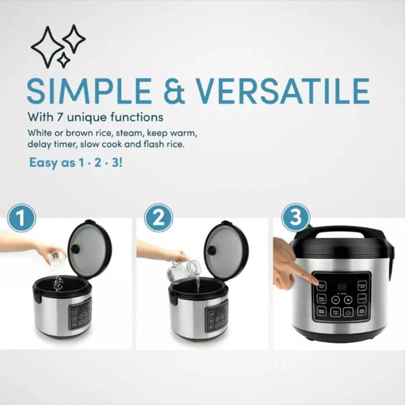 Digital Rice Cooker Stainless Steel | 20-Cup Capacity, Sensor Logic Technology, Steam Tray | Fluffy Rice, Easy Cleanup