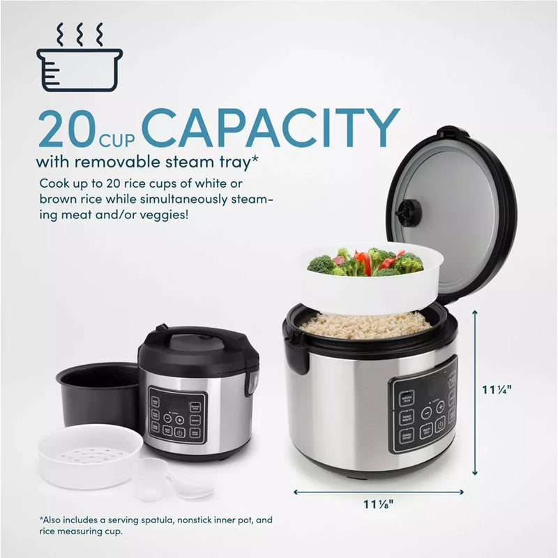 Digital Rice Cooker Stainless Steel | 20-Cup Capacity, Sensor Logic Technology, Steam Tray | Fluffy Rice, Easy Cleanup