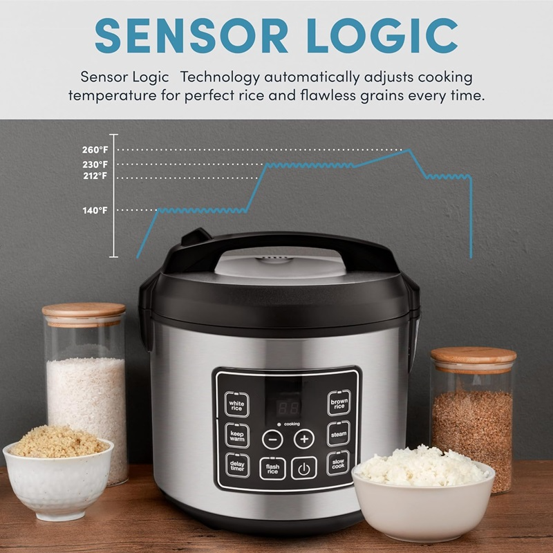 Digital Rice Cooker Stainless Steel | 20-Cup Capacity, Sensor Logic Technology, Steam Tray | Fluffy Rice, Easy Cleanup