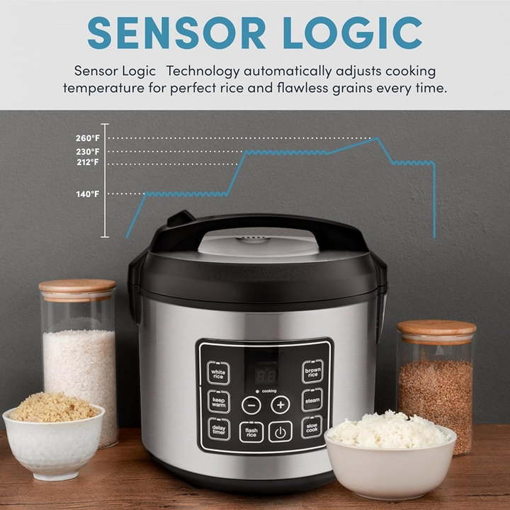 Digital Rice Cooker Stainless Steel | 20-Cup Capacity, Sensor Logic Technology, Steam Tray | Fluffy Rice, Easy Cleanup