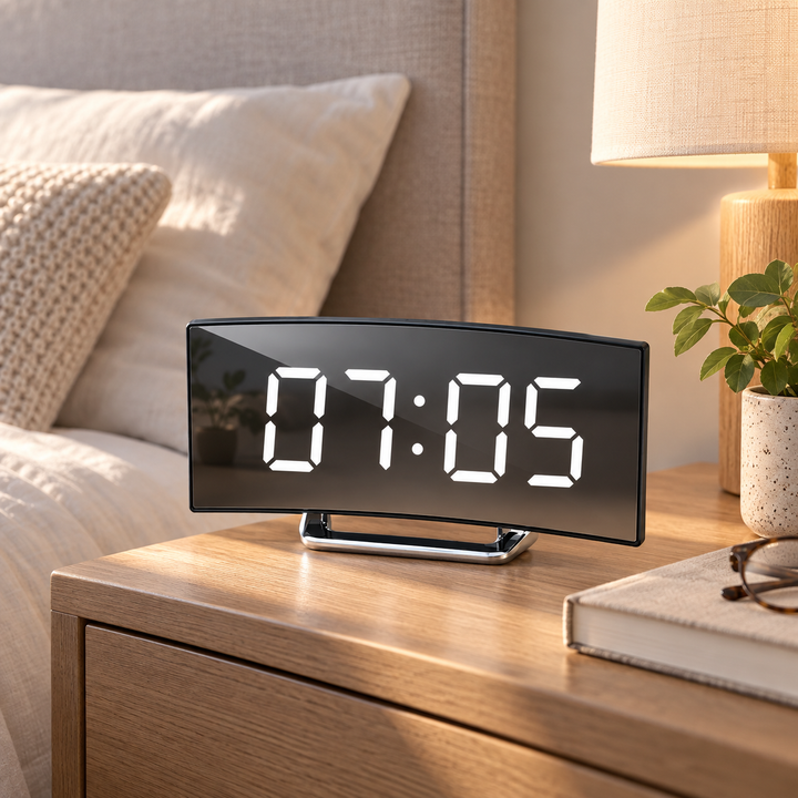 Digital Alarm Clock LED Mirror Display | Curved Screen with Adjustable Brightness | Snooze Function for Bedside or Desk 2