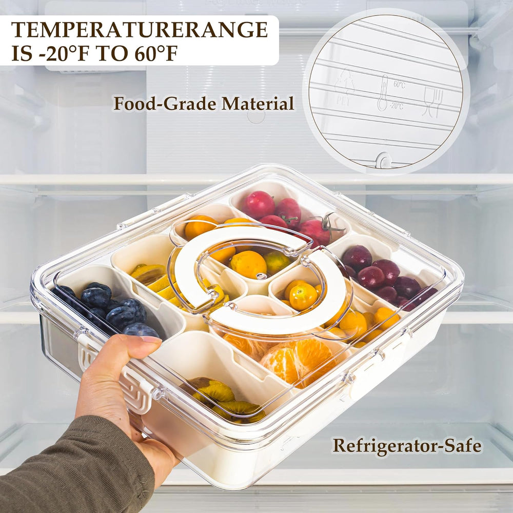 Divided Serving Tray with Handle, Food-Grade Plastic | 8 Compartments, Snap Buckle Seal | Fridge-Freezer Safe -20 to 60°C
