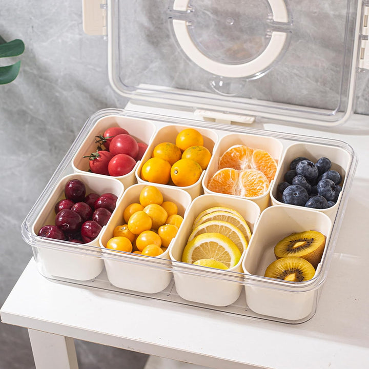 Divided Serving Tray with Handle, Food-Grade Plastic | 8 Compartments, Snap Buckle Seal | Fridge-Freezer Safe -20 to 60°C