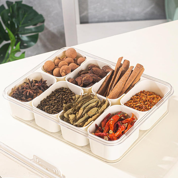 Divided Serving Tray with Handle, Food-Grade Plastic | 8 Compartments, Snap Buckle Seal | Fridge-Freezer Safe -20 to 60°C