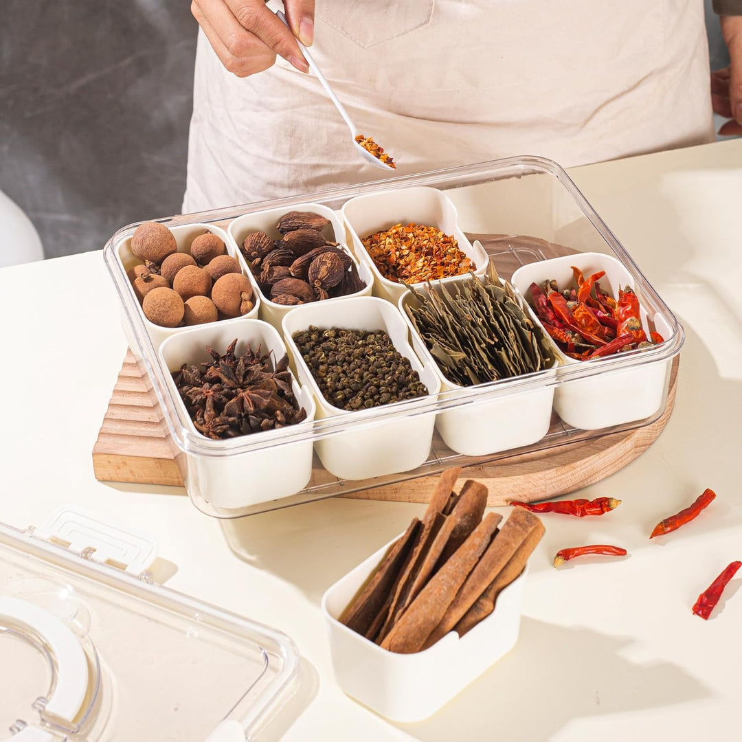 Divided Serving Tray with Handle, Food-Grade Plastic | 8 Compartments, Snap Buckle Seal | Fridge-Freezer Safe -20 to 60°C