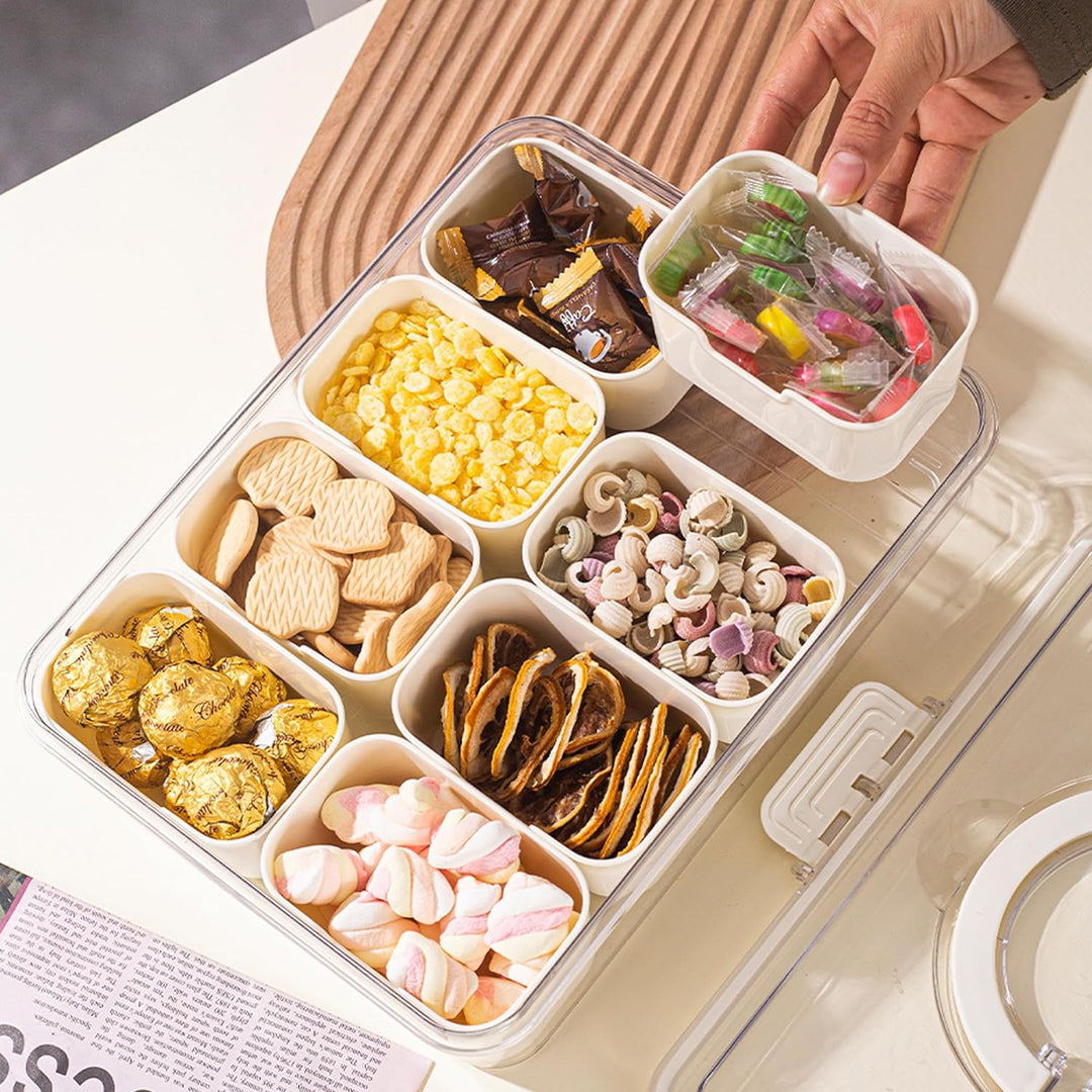Divided Serving Tray with Handle, Food-Grade Plastic | 8 Compartments, Snap Buckle Seal | Fridge-Freezer Safe -20 to 60°C