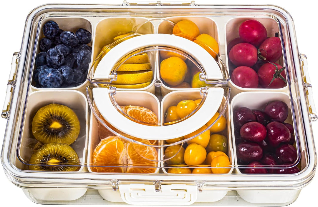 Divided Serving Tray with Handle, Food-Grade Plastic | 8 Compartments, Snap Buckle Seal | Fridge-Freezer Safe -20 to 60°C