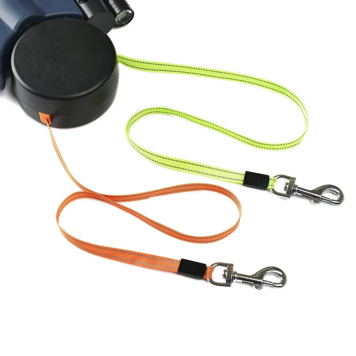 Double Dog Leash with LED Light | 360° Swivel Anti-Tangle, 3m Retractable Per Side | Reflective for Night Walks
