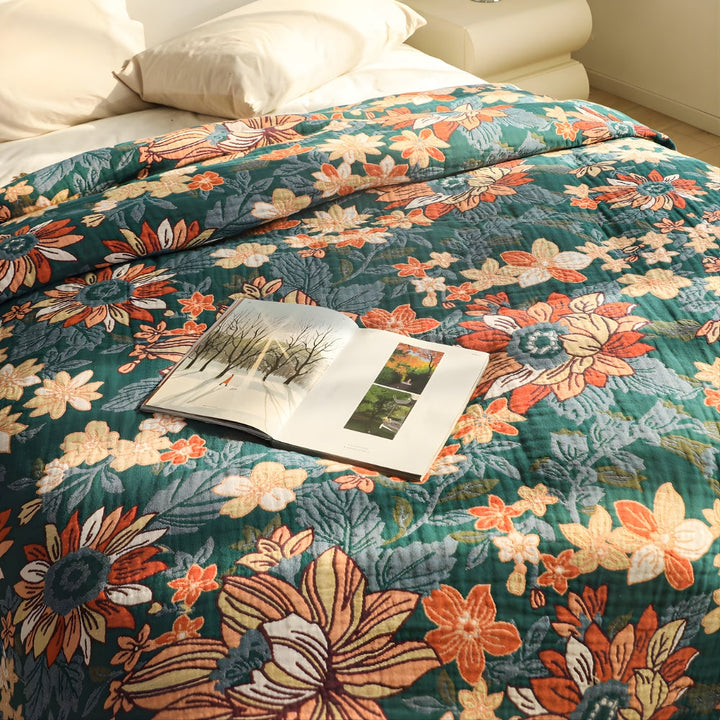 Double Gauze Bedspread Floral Pattern Lightweight with Hand-Knotted Tassels