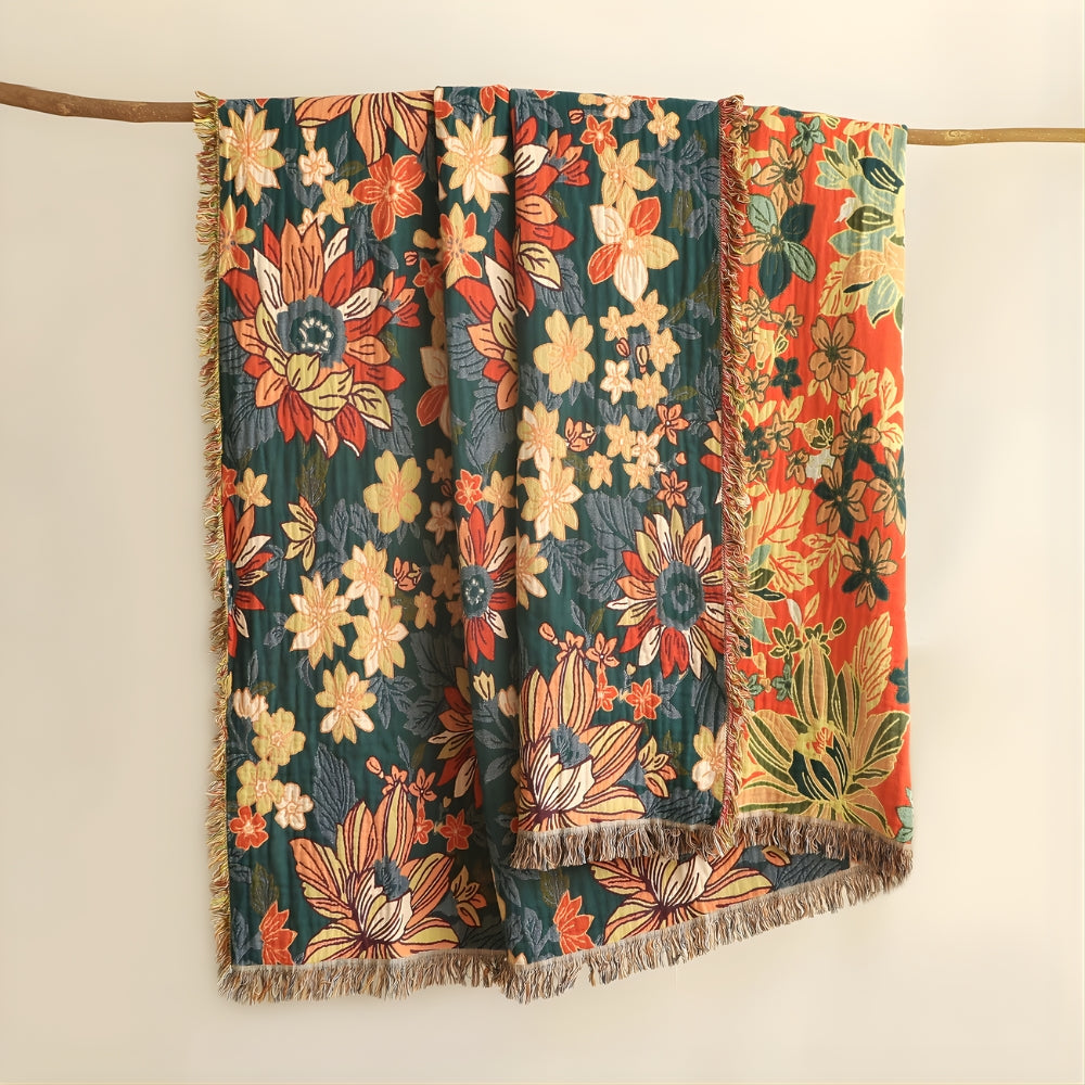 Double Gauze Bedspread Floral Pattern Lightweight with Hand-Knotted Tassels