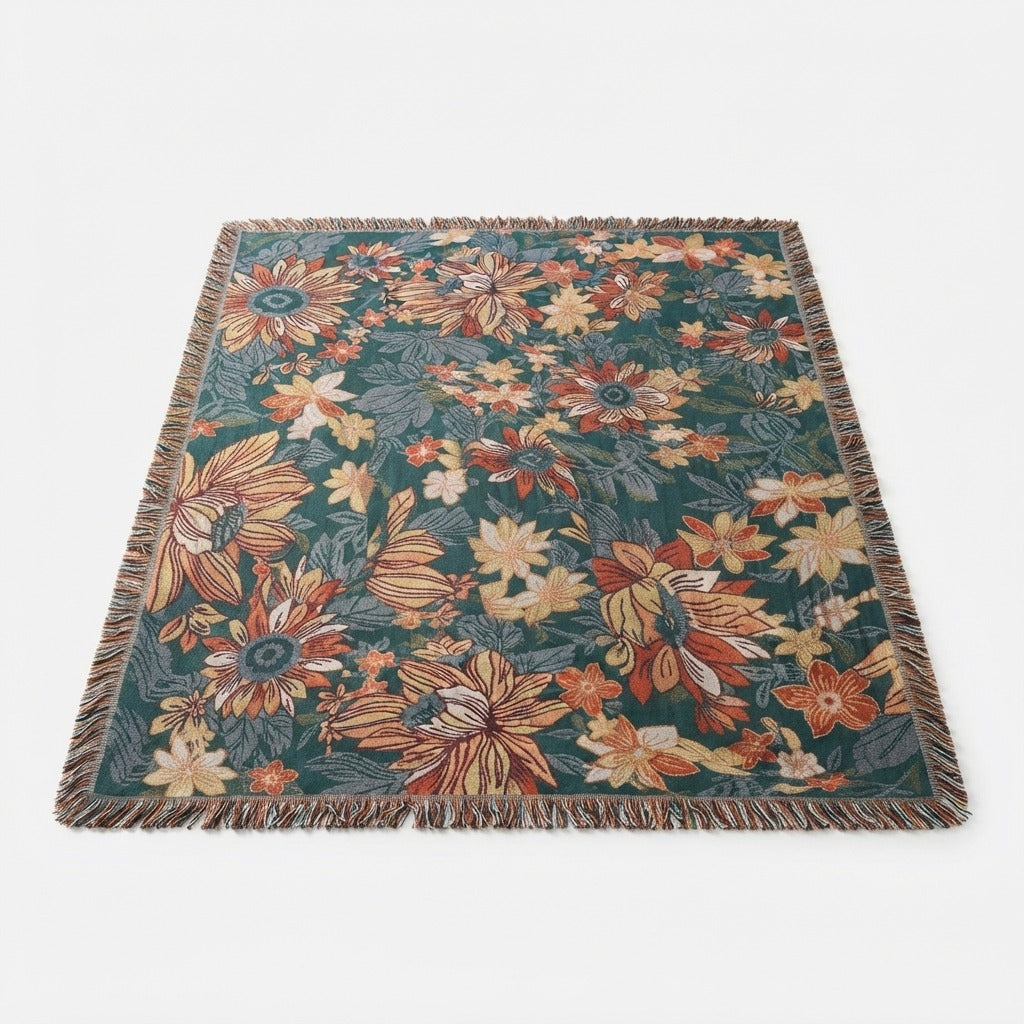 Double Gauze Bedspread Floral Pattern Lightweight with Hand-Knotted Tassels