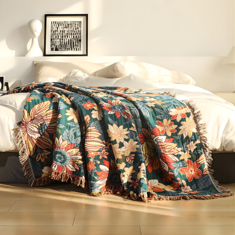 Double Gauze Bedspread Floral Pattern Lightweight with Hand-Knotted Tassels