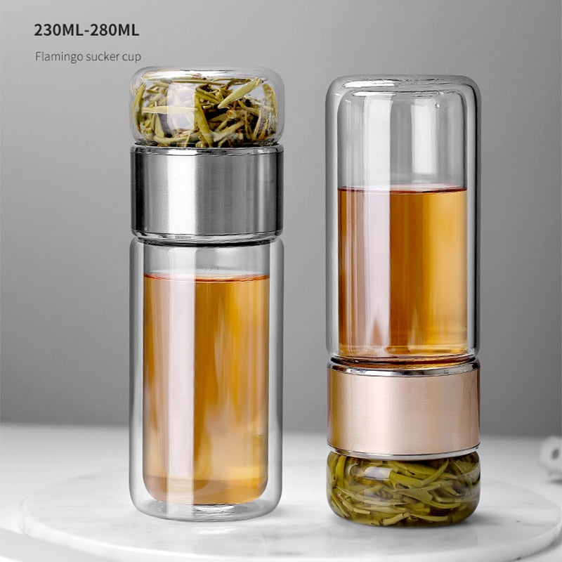 Double Glass Tea Infuser Bottle 280 ml | Borosilicate Glass, Inner &amp; Outer Infuser | Pink, Silver, Gold, Black