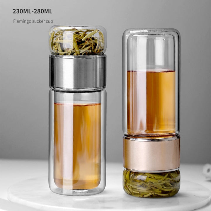 Double Glass Tea Infuser Bottle 280 ml | Borosilicate Glass, Inner &amp; Outer Infuser | Pink, Silver, Gold, Black