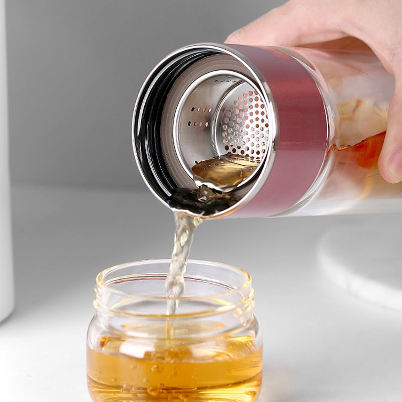 Double Glass Tea Infuser Bottle 280 ml | Borosilicate Glass, Inner &amp; Outer Infuser | Pink, Silver, Gold, Black