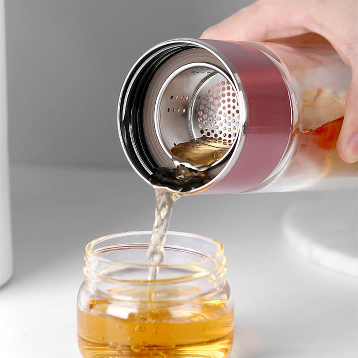 Double Glass Tea Infuser Bottle 280 ml | Borosilicate Glass, Inner &amp; Outer Infuser | Pink, Silver, Gold, Black