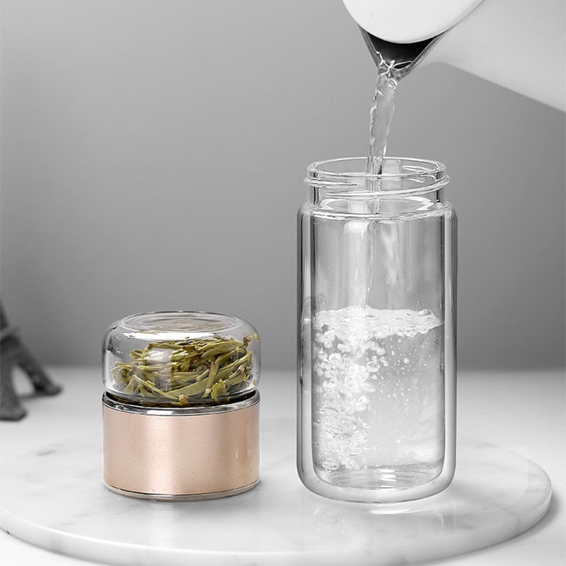 Double Glass Tea Infuser Bottle 280 ml | Borosilicate Glass, Inner &amp; Outer Infuser | Pink, Silver, Gold, Black