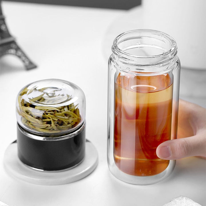 Double Glass Tea Infuser Bottle 280 ml | Borosilicate Glass, Inner &amp; Outer Infuser | Pink, Silver, Gold, Black