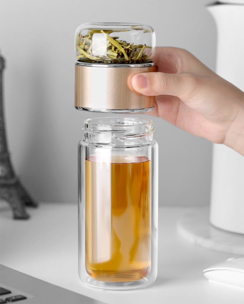 Double Glass Tea Infuser Bottle 280 ml | Borosilicate Glass, Inner &amp; Outer Infuser | Pink, Silver, Gold, Black
