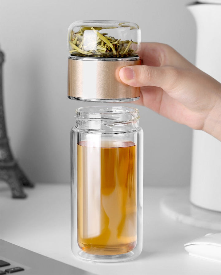Double Glass Tea Infuser Bottle 280 ml | Borosilicate Glass, Inner &amp; Outer Infuser | Pink, Silver, Gold, Black