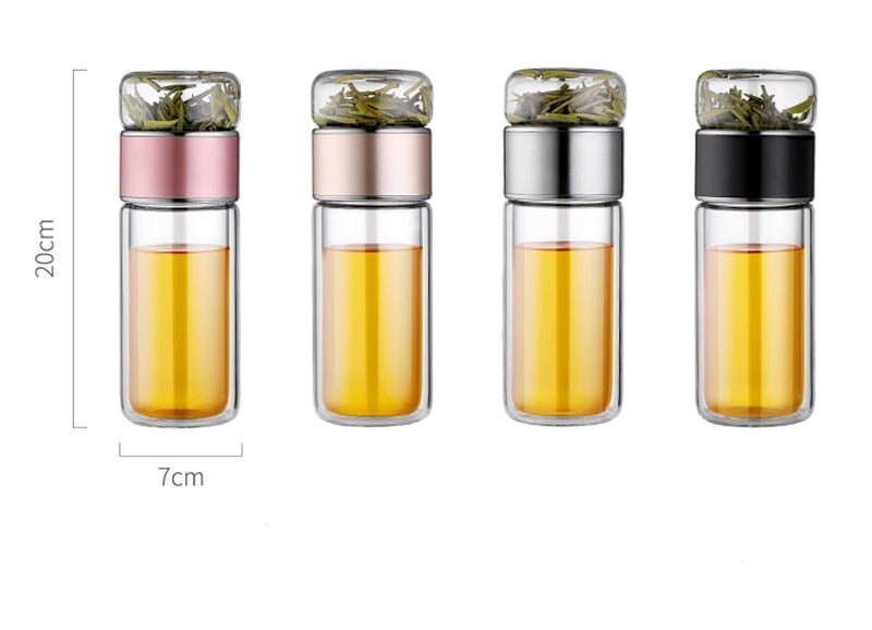 Double Glass Tea Infuser Bottle 280 ml | Borosilicate Glass, Inner &amp; Outer Infuser | Pink, Silver, Gold, Black
