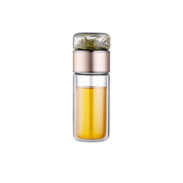 Double Glass Tea Infuser Bottle 280 ml | Borosilicate Glass, Inner &amp; Outer Infuser | Pink, Silver, Gold, Black