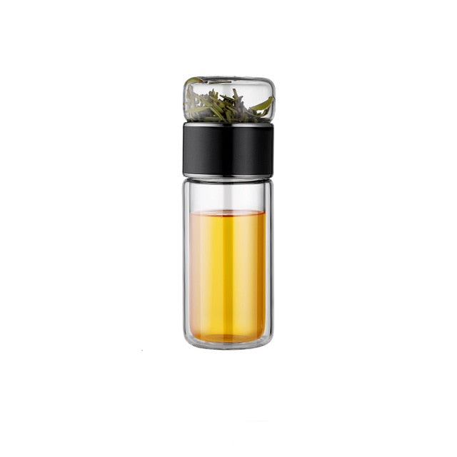 Double Glass Tea Infuser Bottle 280 ml | Borosilicate Glass, Inner &amp; Outer Infuser | Pink, Silver, Gold, Black