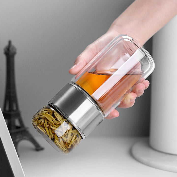 Double Glass Tea Infuser Bottle 280 ml | Borosilicate Glass, Inner &amp; Outer Infuser | Pink, Silver, Gold, Black