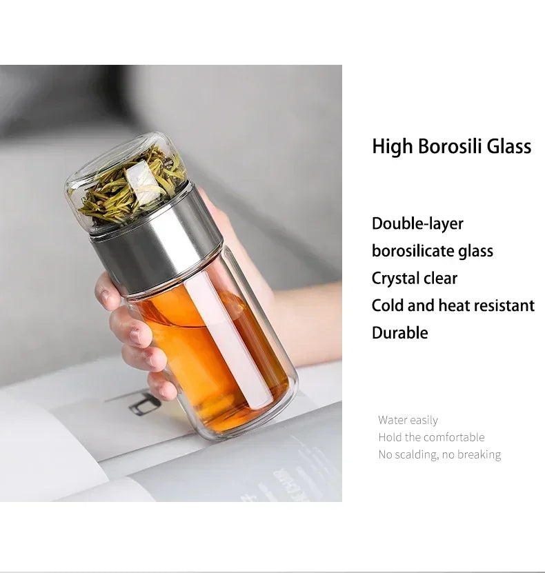 Double-Layer Glass Tea Infuser Bottle Leak-Proof Strainer