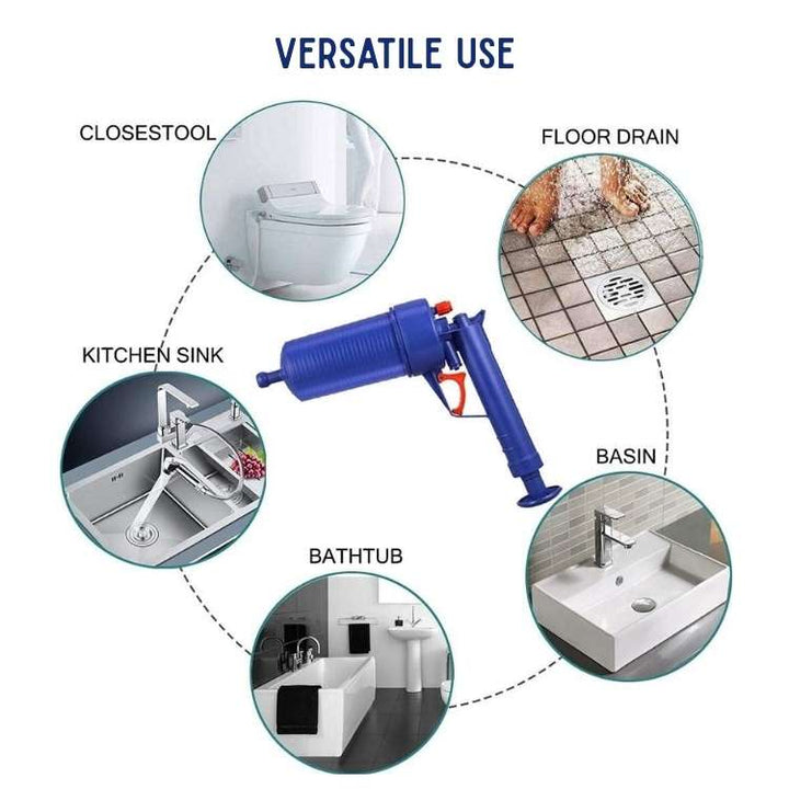 Drain Cleaner Tool PowerBlast Air-Powered | 4 Head Attachments for Sinks Toilets Tubs | Chemical-Free High-Pressure Blast