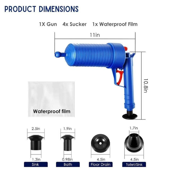 Drain Cleaner Tool PowerBlast Air-Powered | 4 Head Attachments for Sinks Toilets Tubs | Chemical-Free High-Pressure Blast