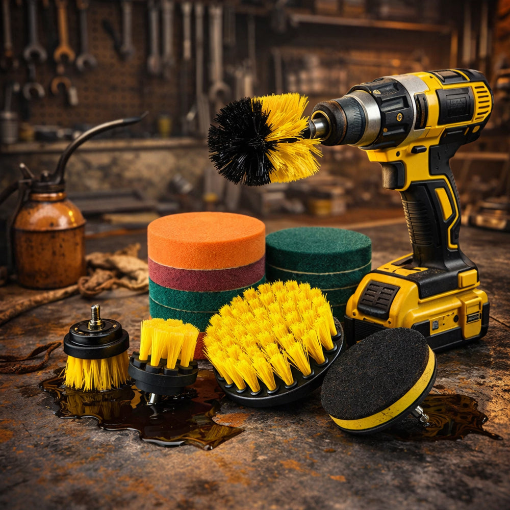 Drill Cleaning Brush Set Nylon | 12 Interchangeable Heads for Hex Shank Drills & Screwdrivers | Scratch-Free Deep Clean