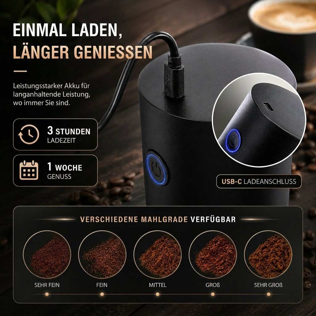 Electric Coffee Grinder USB Rechargeable | Adjustable Grind Setting for Espresso to French Press | Compact Transparent Container