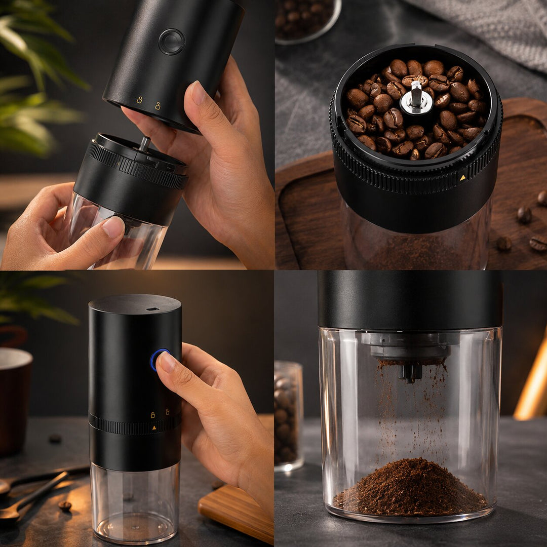 Electric Coffee Grinder USB Rechargeable | Adjustable Grind Setting for Espresso to French Press | Compact Transparent Container