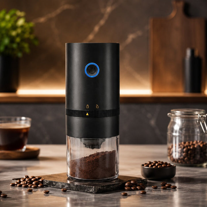 Electric Coffee Grinder USB Rechargeable | Adjustable Grind Setting for Espresso to French Press | Compact Transparent Container