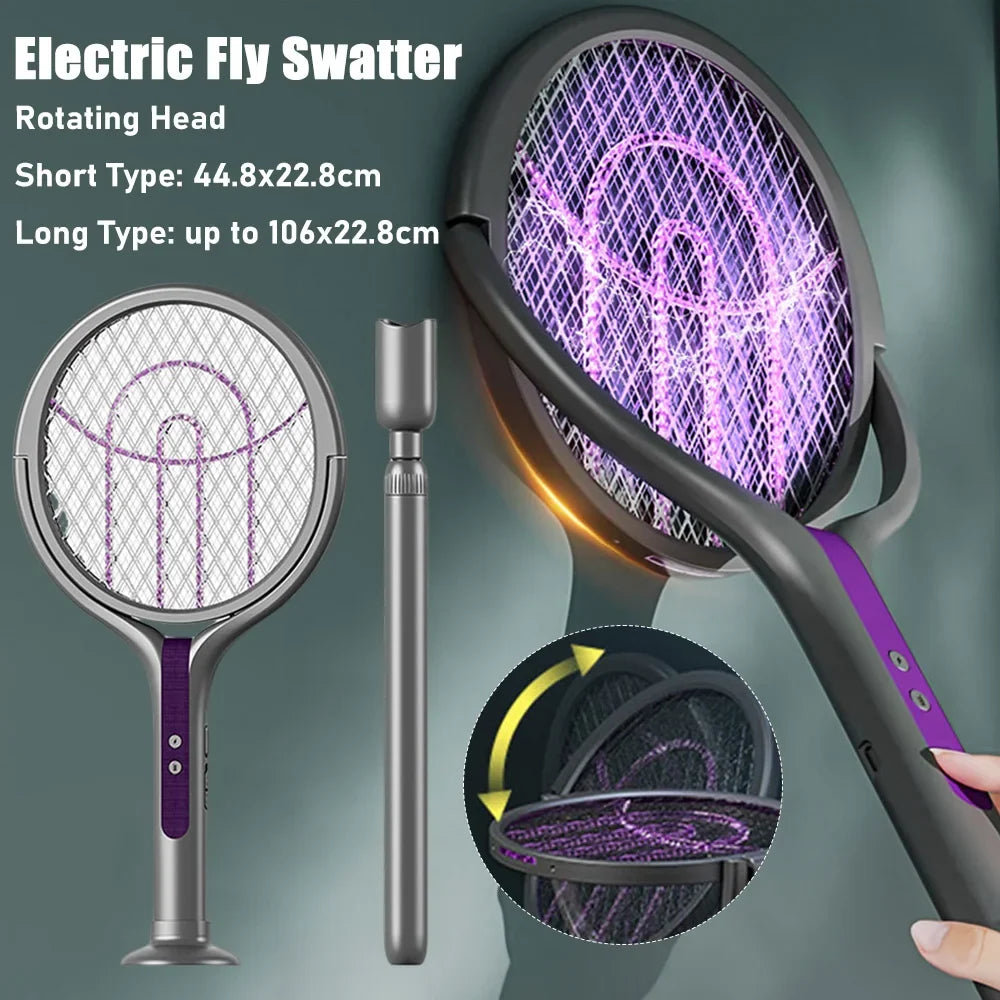 Electric Fly Swatter Rechargeable Retractable USB-C with Rotating Head